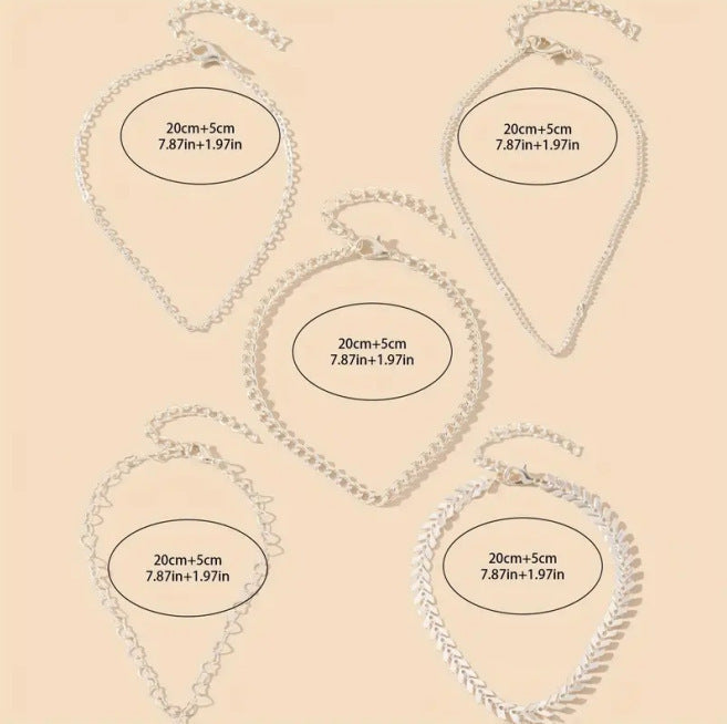 Boho Layered Anklet Set – 5-Piece Summer Beach Chain Jewellery