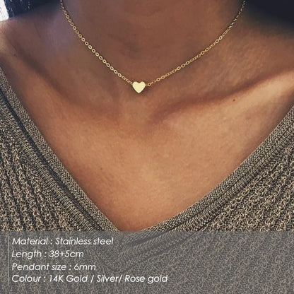 Women's Minimalist Heart Necklace – Gold, Silver or Rose Gold – Stainless Steel Choker Chain Pendant