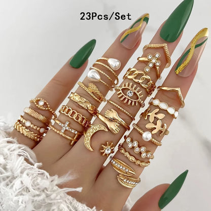 23Pcs Fashion Knuckle Rings Set for Women Crystal Star Moon Eye Wave Gold Silver Color Rings Female Trendy Party Jewelry Gift