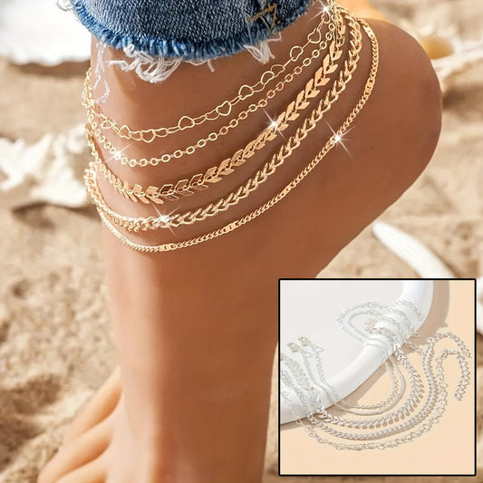 Boho Layered Anklet Set – 5-Piece Summer Beach Chain Jewellery