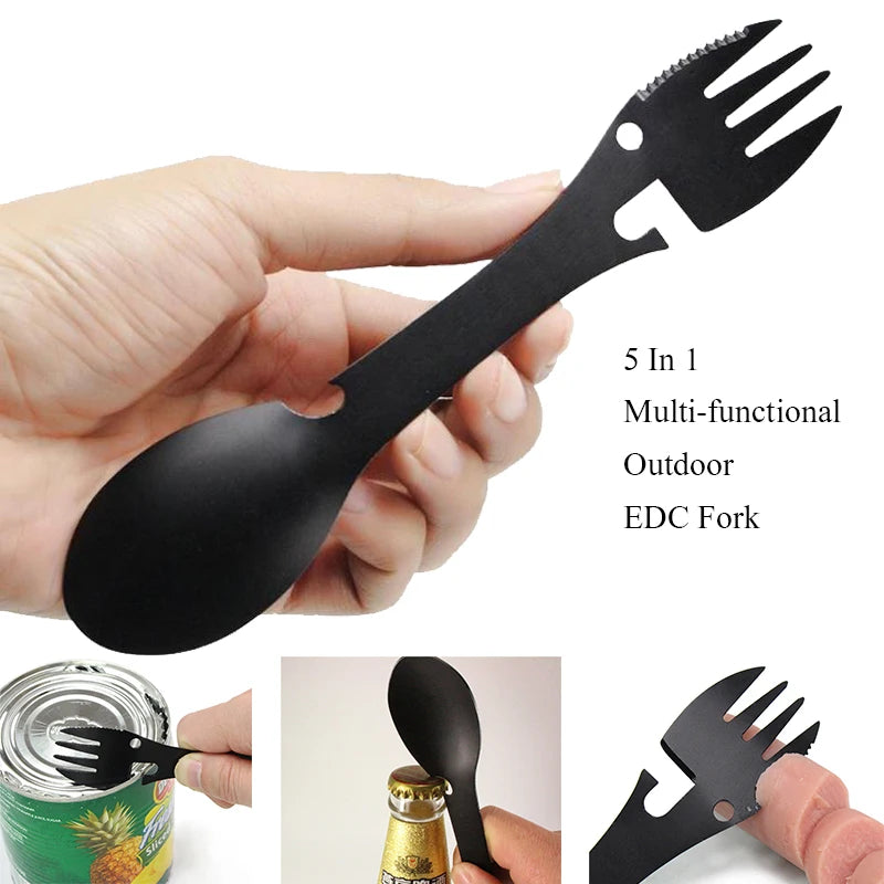 Ultimate 5-in-1 Outdoor Survival Tool Kit - Multi-Functional Camping Fork, Knife, Spoon, and Bottle/Can Opener