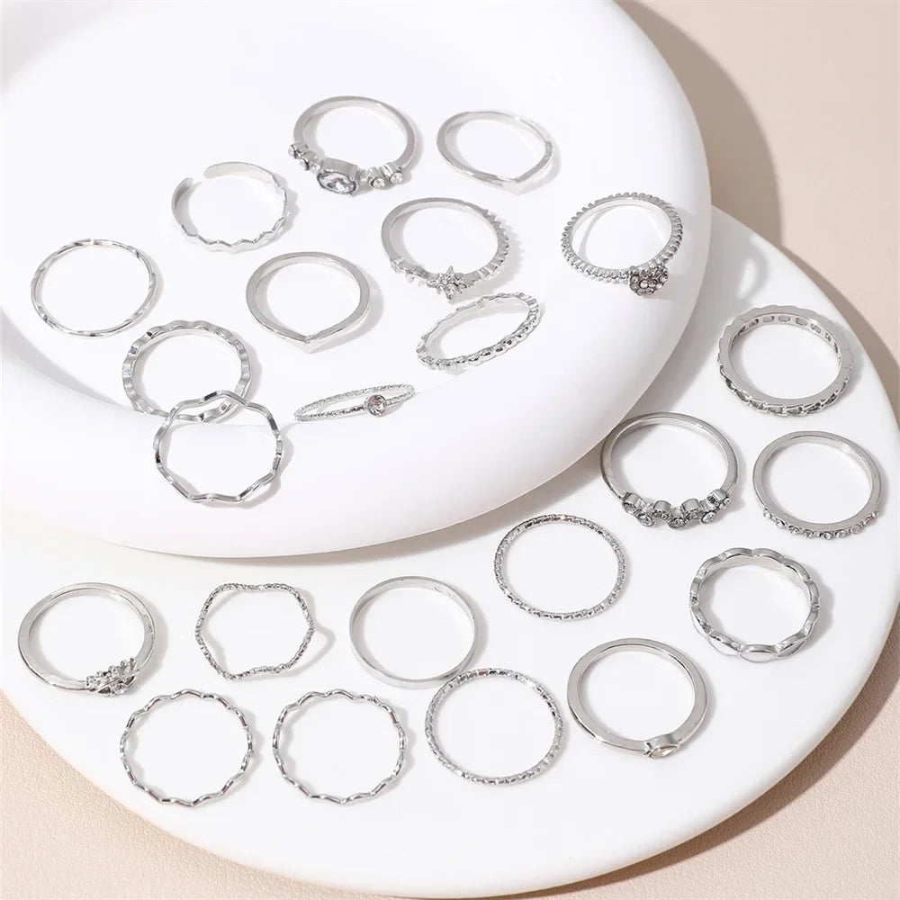23Pcs Fashion Knuckle Rings Set for Women Crystal Star Moon Eye Wave Gold Silver Color Rings Female Trendy Party Jewelry Gift