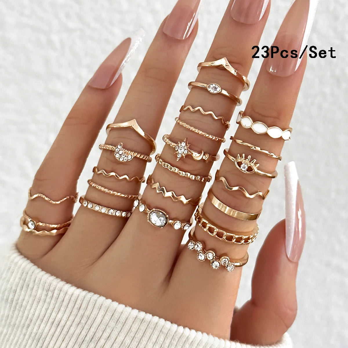 23Pcs Fashion Knuckle Rings Set for Women Crystal Star Moon Eye Wave Gold Silver Color Rings Female Trendy Party Jewelry Gift
