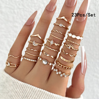 23Pcs Fashion Knuckle Rings Set for Women Crystal Star Moon Eye Wave Gold Silver Color Rings Female Trendy Party Jewelry Gift
