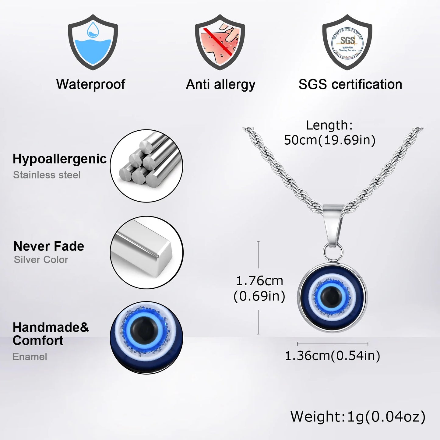 Evil Eye Pendant Necklace – Waterproof Stainless Steel with Twisted Chain