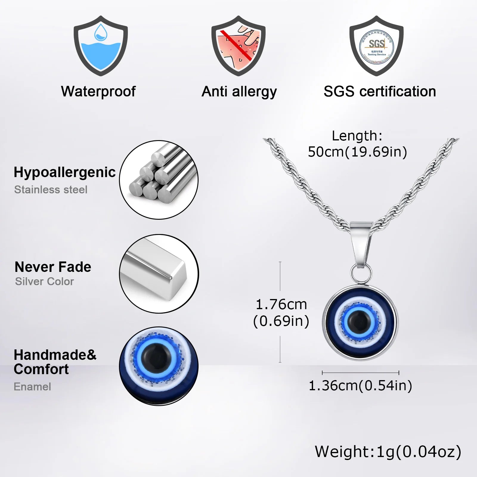 Evil Eye Pendant Necklace – Waterproof Stainless Steel with Twisted Chain