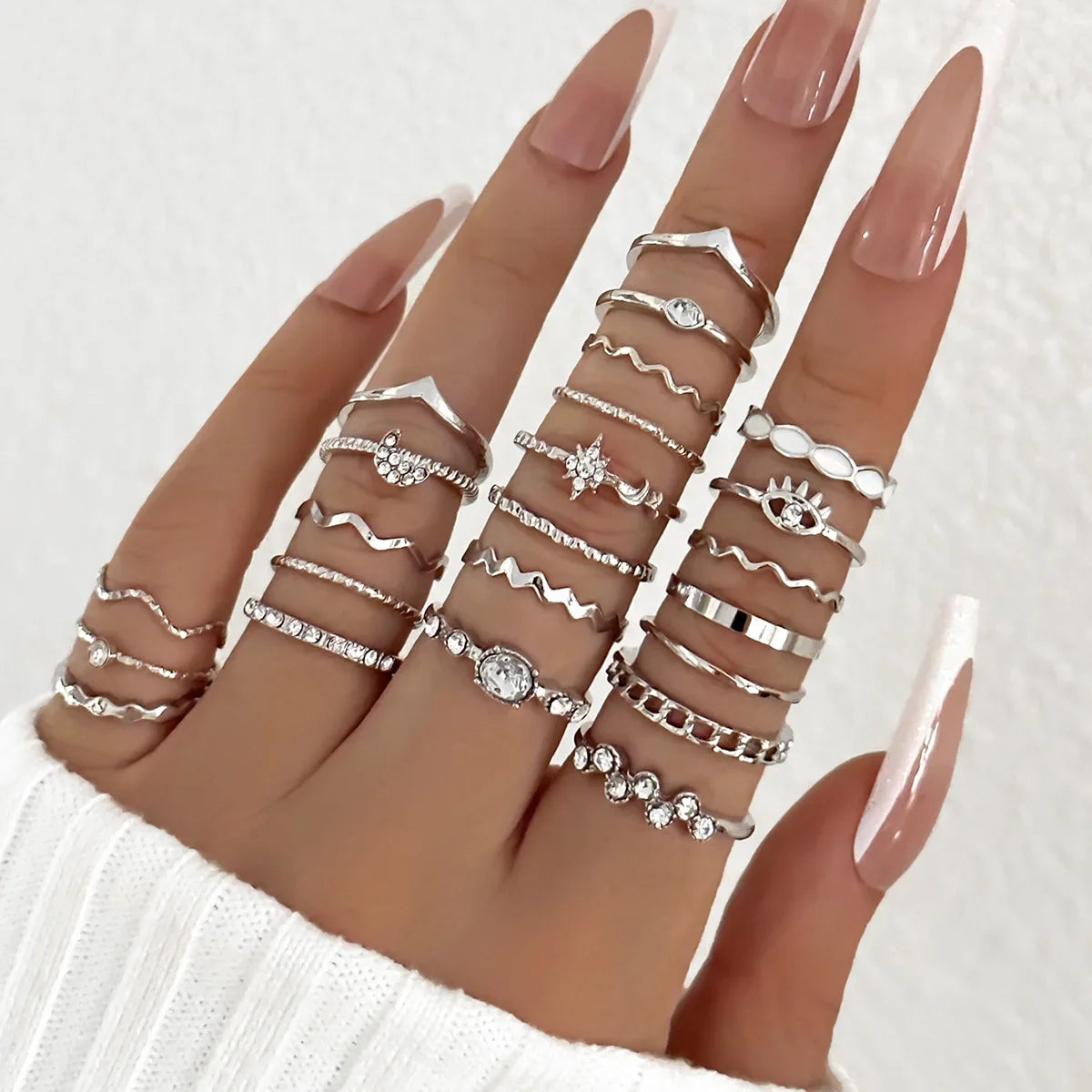 23Pcs Fashion Knuckle Rings Set for Women Crystal Star Moon Eye Wave Gold Silver Color Rings Female Trendy Party Jewelry Gift