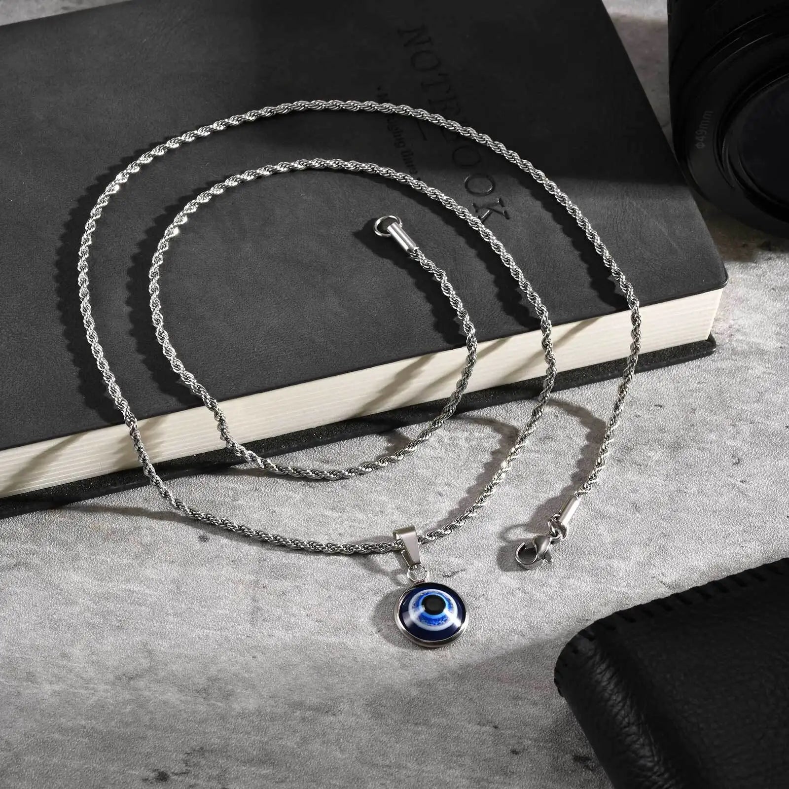 Evil Eye Pendant Necklace – Waterproof Stainless Steel with Twisted Chain
