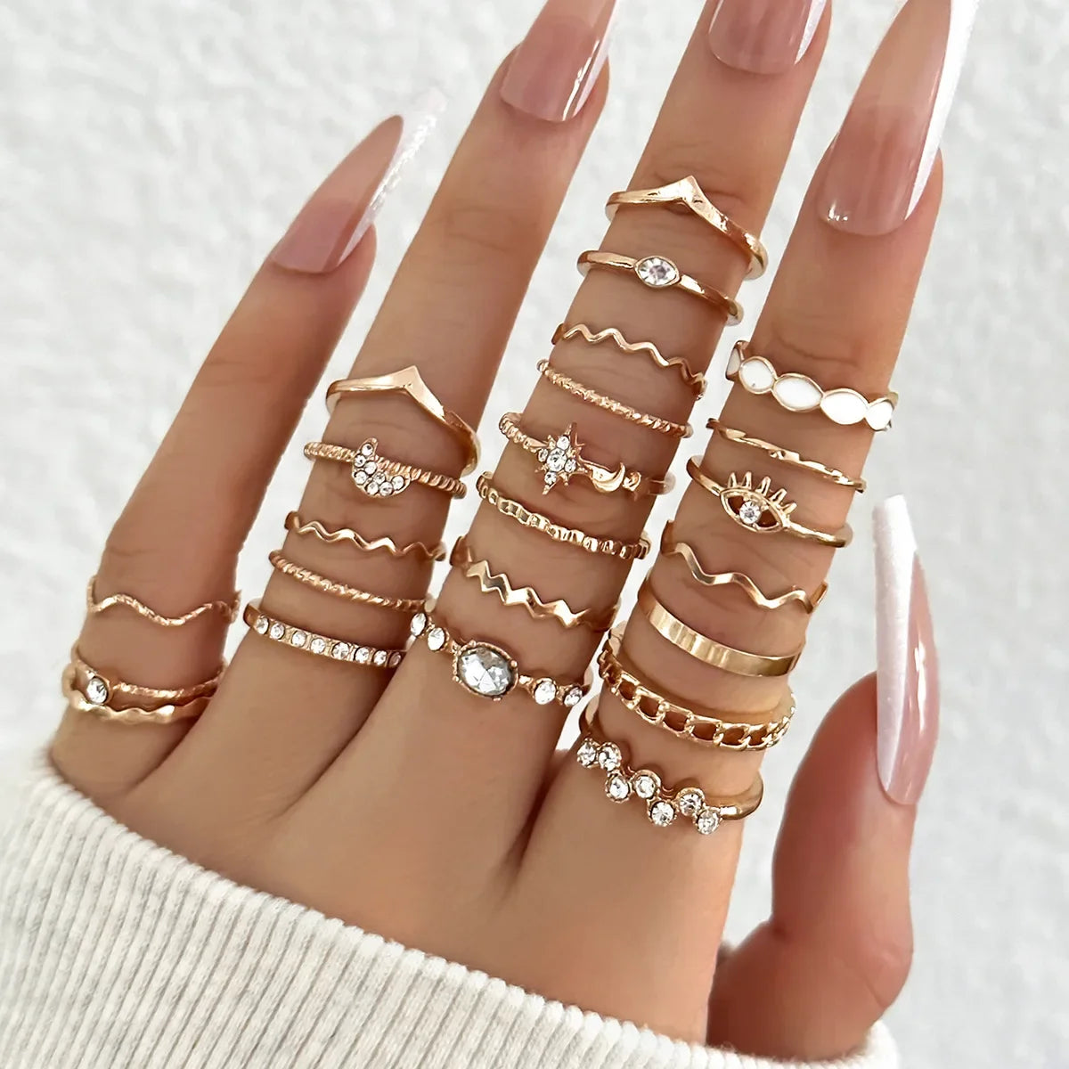 23Pcs Fashion Knuckle Rings Set for Women Crystal Star Moon Eye Wave Gold Silver Color Rings Female Trendy Party Jewelry Gift