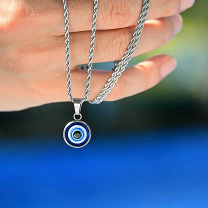 Evil Eye Pendant Necklace – Waterproof Stainless Steel with Twisted Chain